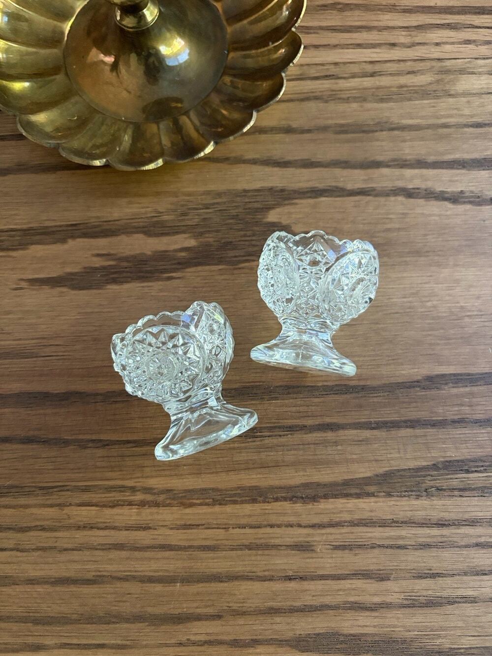 Antique EAPG Salt Cellars Footed Glass Open Salts Set Of 2 Starburst And Shells